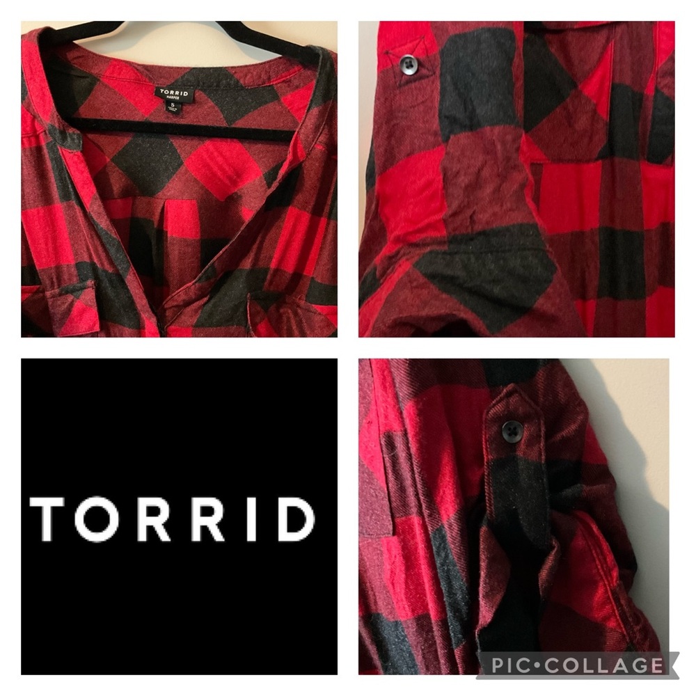 TORRID Harper Hi-Low 3/4 Sleeve Brushed Rayon Red & Black Buffalo Plaid Shirt